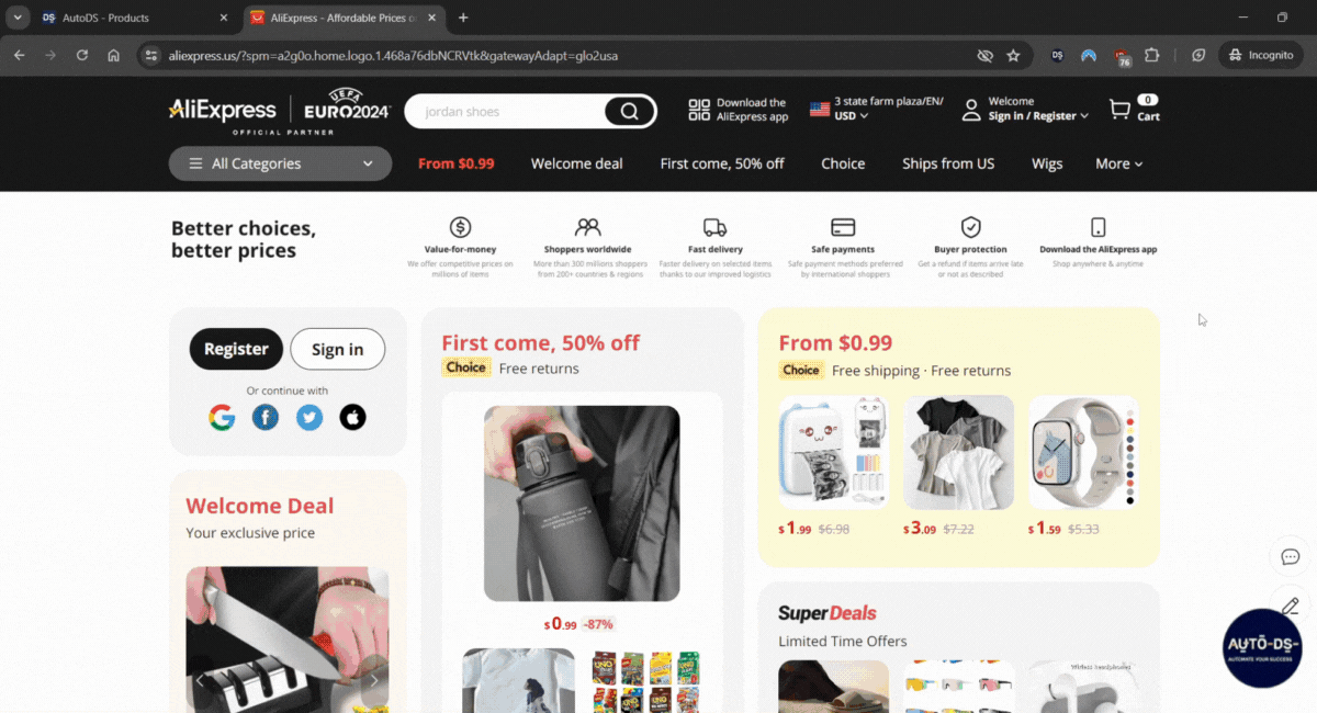 AutoDS bulk importing from aliexpress