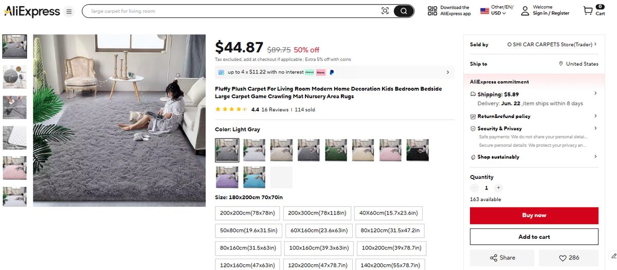 AliExpress listing for a plush carpet