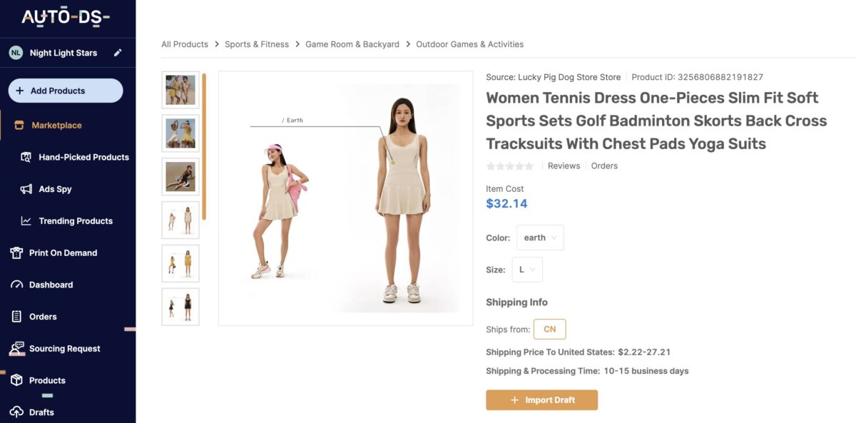 AutoDS one-piece tennis dress for dropshipping