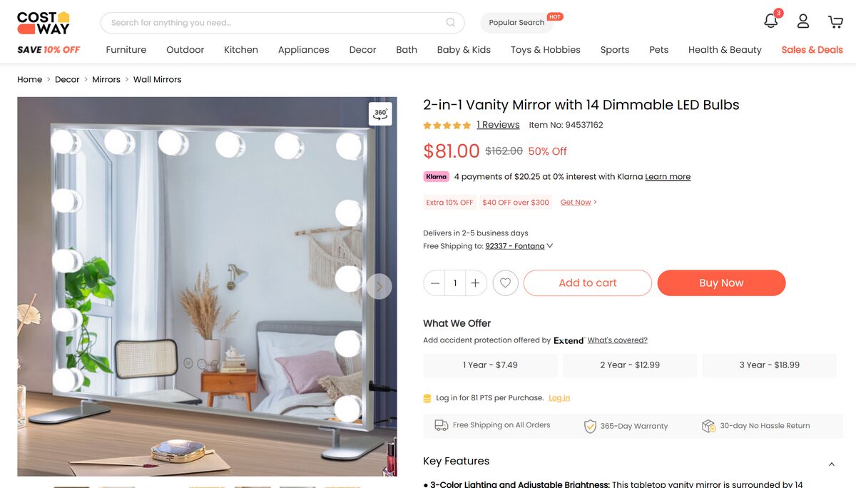 Costway vanity mirror supplier for home decor stores