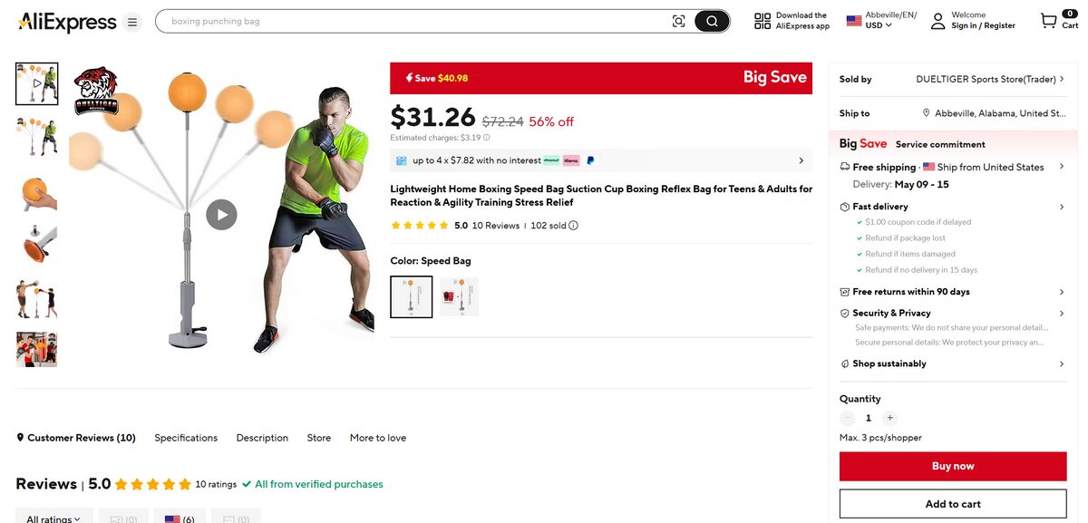 top 10 products to dropship in june, from Aliexpress boxing speed bag