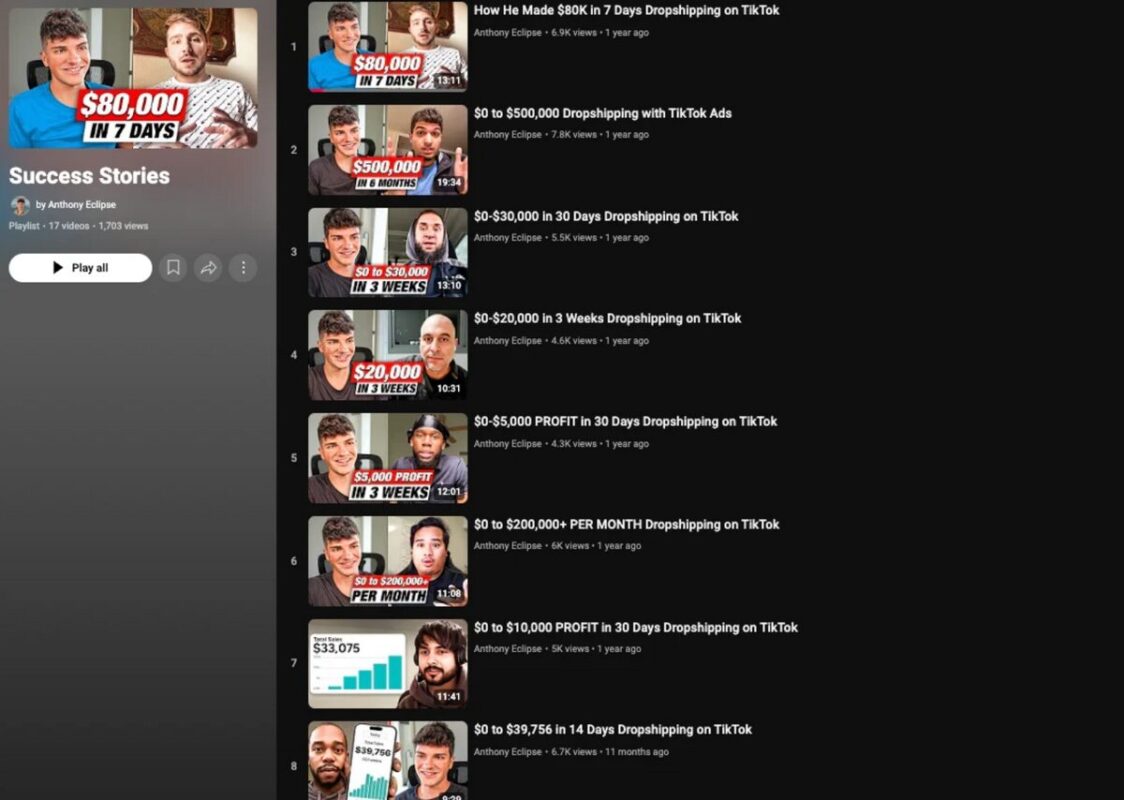 Anthony Eclipse success stories with real Ecom Mafia students on his channel
