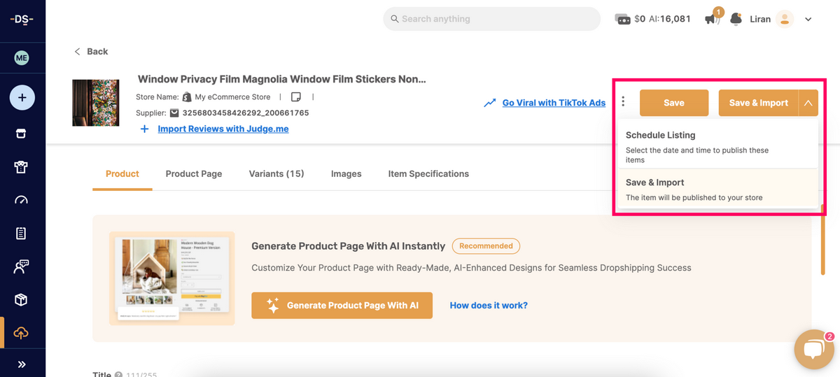 AutoDS Save And Import Dropshipping Automation