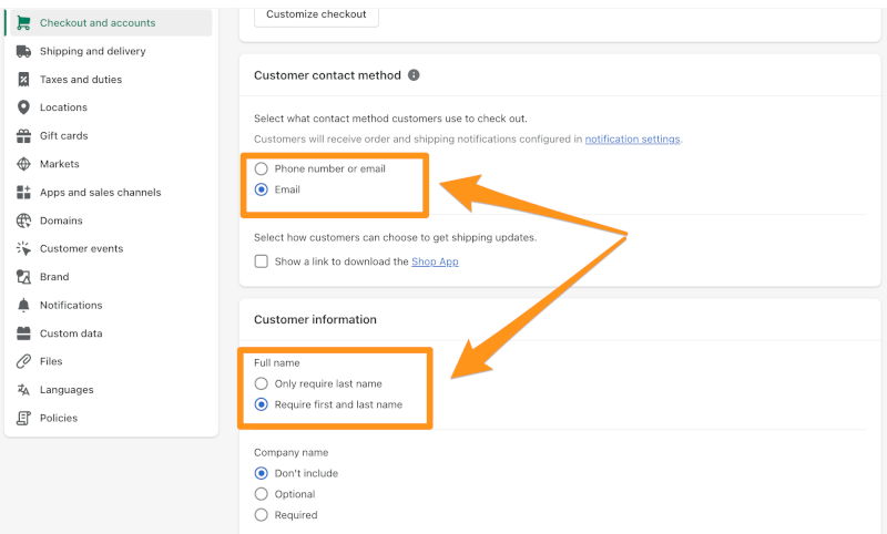 Shopify Store Checkout settings